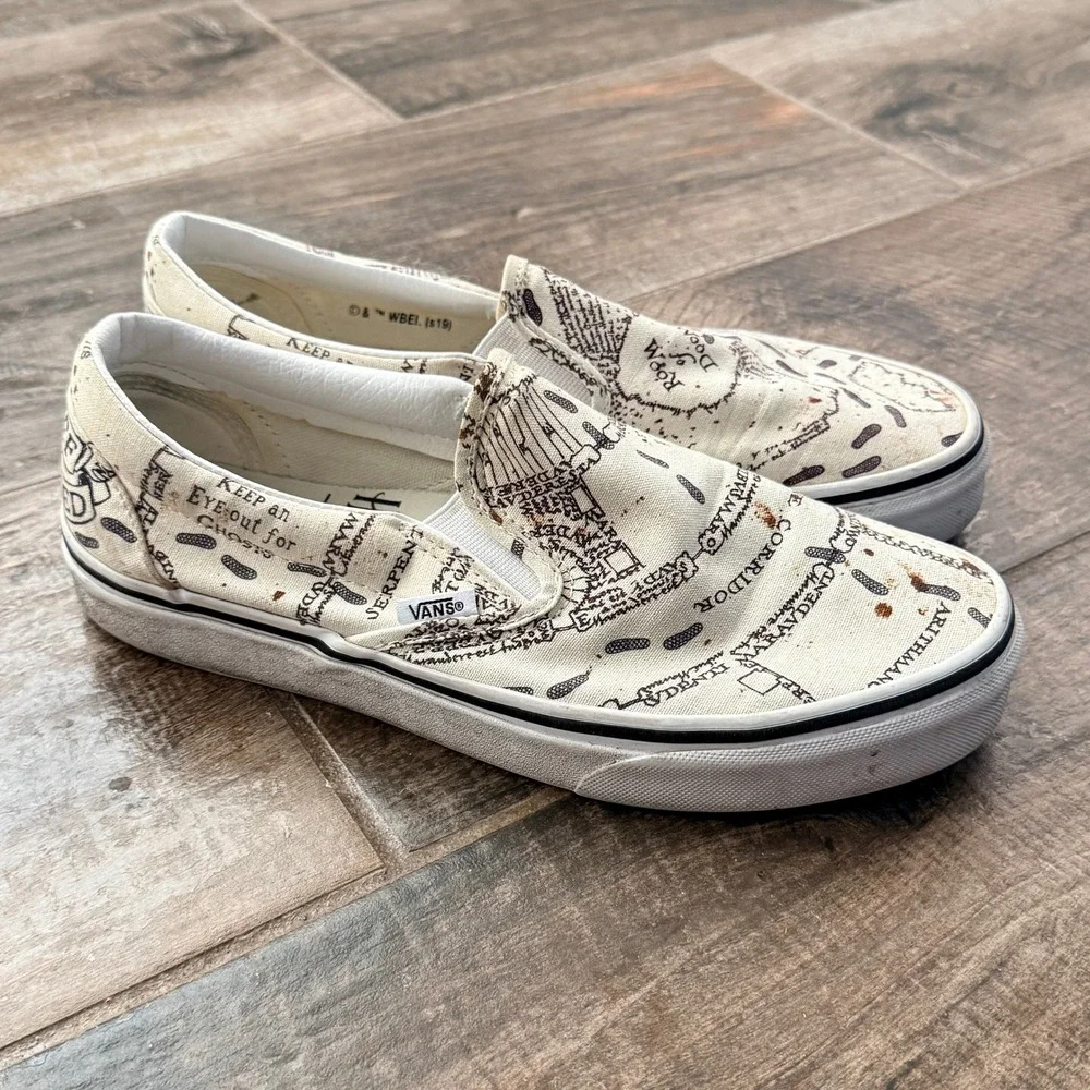 VANS Unisex Harry Potter Marauder's Map Slip-on Casual Shoes,White Black,8M/9.5W